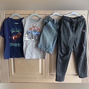 Boys size 8: 2 tops 2 bottoms: 1 gray 1 blue t shirt, Jogger pants, Jean shorts.